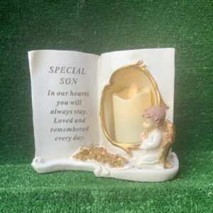 Memorial Book With Cherub Angel Praying and LED Candle Holder Son