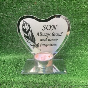 Memorial Feather Heart T light Holder Son